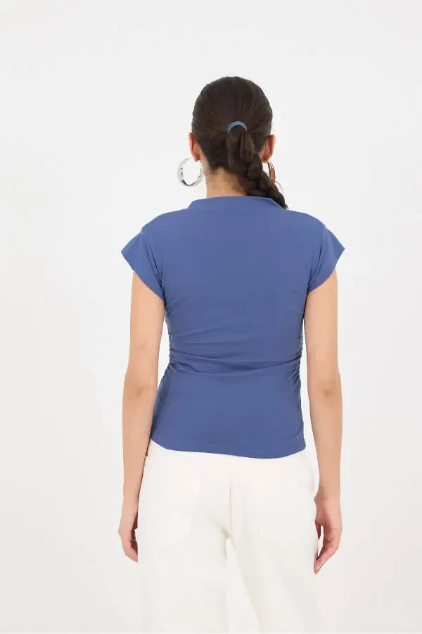 Yonlari Büzgülü V Yaka T-Shirt P1566-S1 - 5