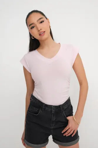 Yonlari Büzgülü V Yaka T-Shirt P1566-S1-Lotus 