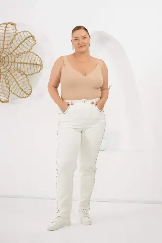 Yonlari Tosh Detalli Katta O'lchamli Jinsi Shim Oq - 6