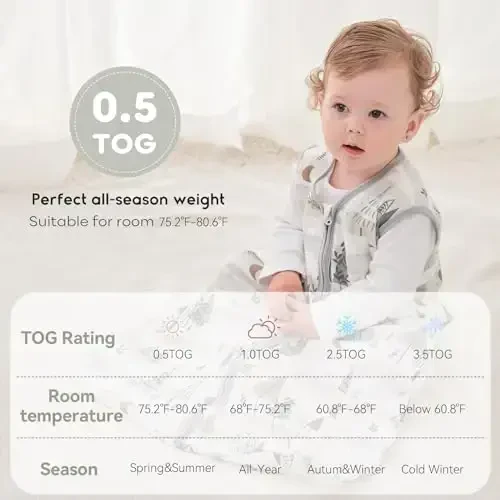 Yoofoss Baby Sleep Sack 0-6 Months 0.5 TOG Baby Wearable Blanket, 100% Organic Cotton Infant Toddler Sleeping Sack 2-Way Zipper Lightweight Sleep Sack, Grizzly - 4