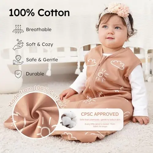 Yoofoss Baby Sleep Sack 0-6 Months 0.5 TOG Baby Wearable Blanket, 100% Organic Cotton Infant Toddler Sleeping Sack 2-Way Zipper Lightweight Sleep Sack, Grizzly 