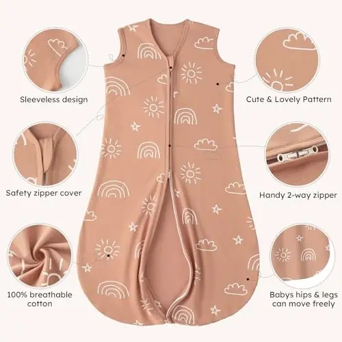 Yoofoss Baby Sleep Sack 0-6 Months 0.5 TOG Baby Wearable Blanket, 100% Organic Cotton Infant Toddler Sleeping Sack 2-Way Zipper Lightweight Sleep Sack, Grizzly - 3