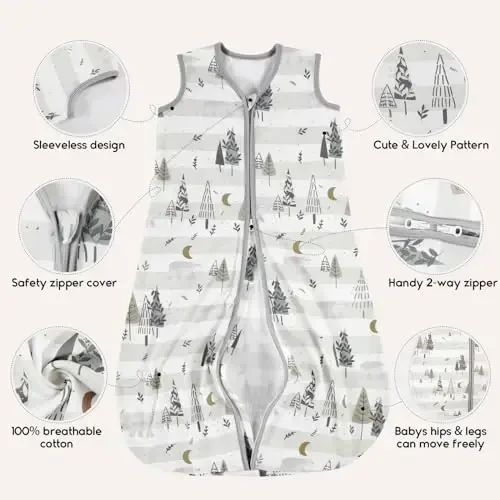 Yoofoss Baby Sleep Sack 0-6 Months 0.5 TOG Baby Wearable Blanket, 100% Organic Cotton Infant Toddler Sleeping Sack 2-Way Zipper Lightweight Sleep Sack, Grizzly - 6