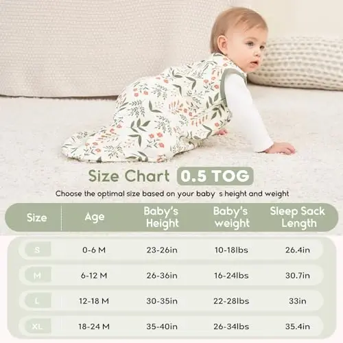 Yoofoss Baby Sleep Sack 12-18 Months 0.5 TOG Baby Wearable Blanket, 100% Organic Cotton Infant Toddler Sleeping Sack 2-Way Zipper Lightweight Sleep Sack, Flower - 4