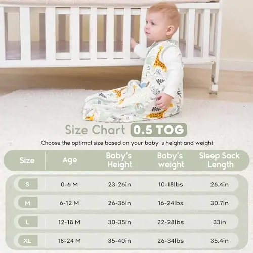 Yoofoss Baby Sleep Sack 12-18 Months 0.5 TOG Baby Wearable Blanket, 100% Organic Cotton Infant Toddler Sleeping Sack 2-Way Zipper Lightweight Sleep Sack, Giraffe - 3