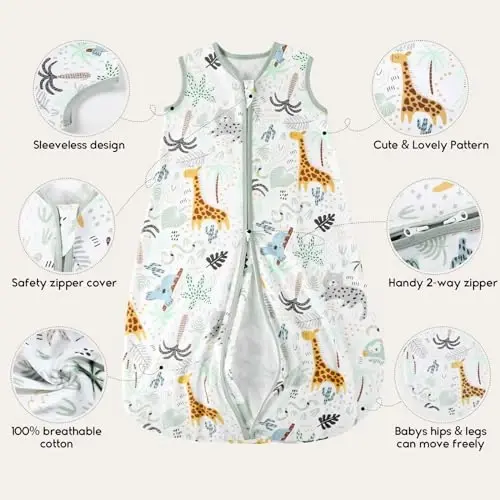 Yoofoss Baby Sleep Sack 12-18 Months 0.5 TOG Baby Wearable Blanket, 100% Organic Cotton Infant Toddler Sleeping Sack 2-Way Zipper Lightweight Sleep Sack, Giraffe - 4