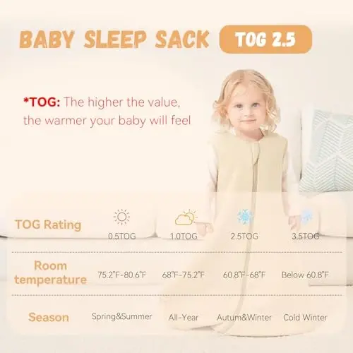 Yoofoss Baby Sleep Sack 12-18 Months TOG 2.5 Winter Baby Wearable Blanket, 100% Organic Cotton Toddler Sleeping Sack 2-Way Zipper Warm Quilted Sleep Sack - 3