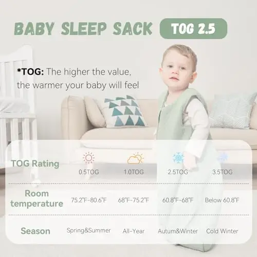 Yoofoss Baby Sleep Sack 12-18 Months TOG 2.5 Winter Baby Wearable Blanket, 100% Organic Cotton Toddler Sleeping Sack 2-Way Zipper Warm Quilted Sleep Sack - 3