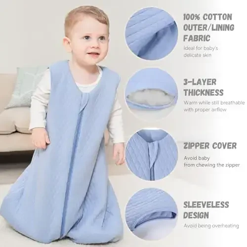 Yoofoss Baby Sleep Sack 12-18 Months TOG 2.5 Winter Baby Wearable Blanket, 100% Organic Cotton Toddler Sleeping Sack 2-Way Zipper Warm Quilted Sleep Sack - 5