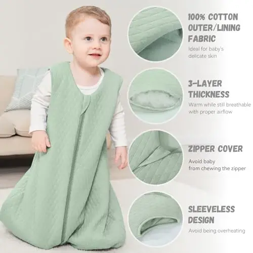 Yoofoss Baby Sleep Sack 12-18 Oy TOG 2.5 Qishki Chaqaloq Kiyiladigan Ko'rpa, 100% Organik Paxta Toddler Uxlash Qopi 2 tomonlama fermuarli iliq tikilgan uxlash qopi - 4