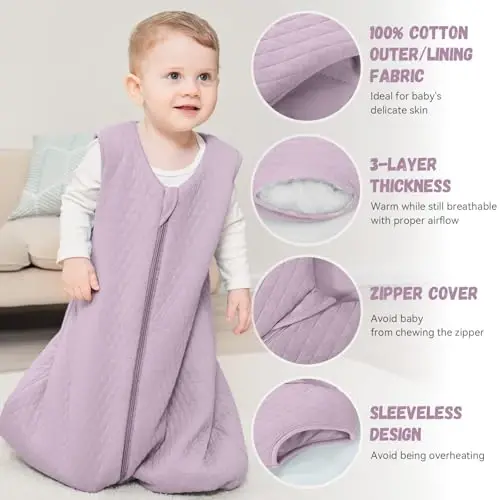 Yoofoss Baby Sleep Sack 6-12 Months TOG 2.5 Winter Baby Wearable Blanket, 100% Organic Cotton Infant Toddler Sleeping Sack 2-Way Zipper Warm Quilted Sleep Sack - 3