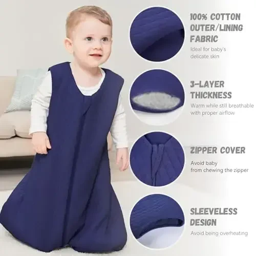 Yoofoss Baby Wearable Blanket TOG 2.5 Qishki Uyqu Xaltasi 18-24 Oy, 100% Paxta Bolalar Uyqu Xaltasi 2 tomonlama fermuar bilan Issiq Kapitone Uyqu Xaltasi, To'q ko'k - 4