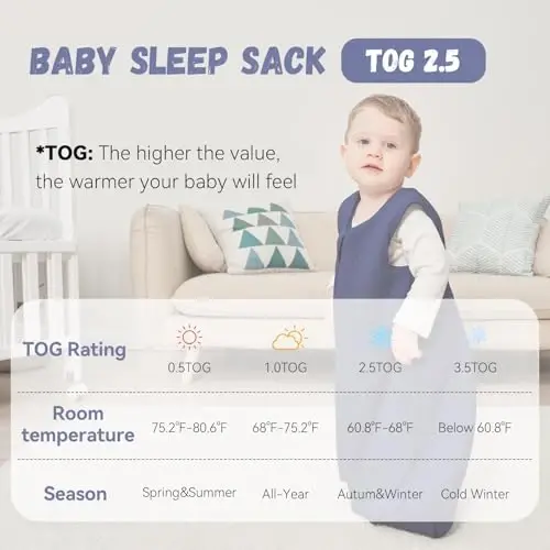 Yoofoss Baby Wearable Blanket TOG 2.5 Qishki Uyqu Xaltasi 18-24 Oy, 100% Paxta Bolalar Uyqu Xaltasi 2 tomonlama fermuar bilan Issiq Kapitone Uyqu Xaltasi, To'q ko'k - 2