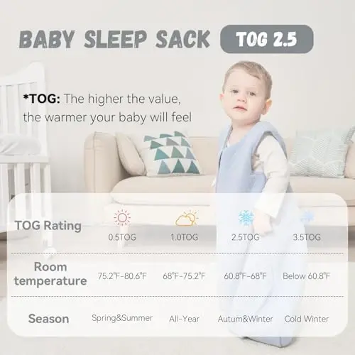 Yoofoss Baby Wearable Blanket TOG 2.5 Winter Sleep Sack 18-24 Months, 100% Organic Cotton Toddler Sleeping Sack with 2-Way Zipper Warm Quilted Sleep Sack - 3
