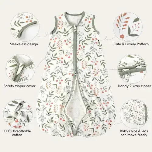 Yoofoss Baby Sleep Sack 0-6 Months 0.5 TOG Baby Wearable Blanket, 100% Organic Cotton Infant Toddler Sleeping Sack 2-Way Zipper Lightweight Sleep Sack, Flower - 5