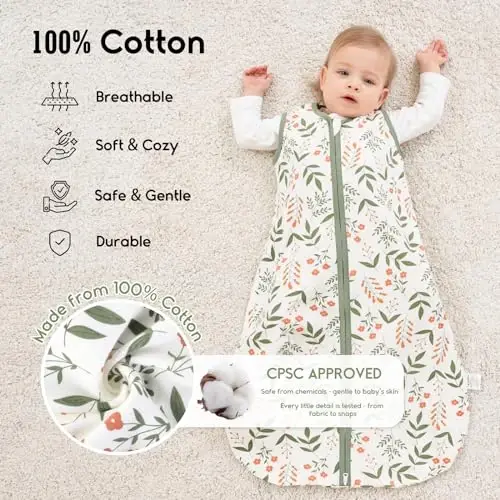 Yoofoss Baby Sleep Sack 0-6 Months 0.5 TOG Baby Wearable Blanket, 100% Organic Cotton Infant Toddler Sleeping Sack 2-Way Zipper Lightweight Sleep Sack, Flower - 2
