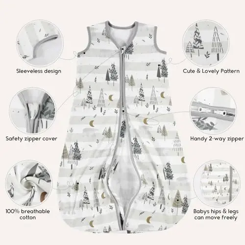 Yoofoss Baby Sleep Sack 0-6 Months 0.5 TOG Baby Wearable Blanket, 100% Organic Cotton Infant Toddler Sleeping Sack 2-Way Zipper Lightweight Sleep Sack, Grizzly - 5