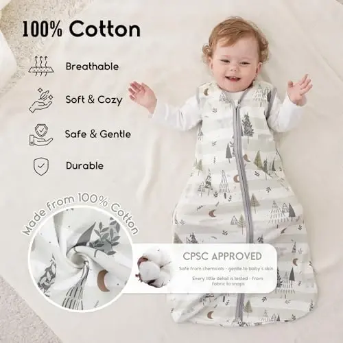 Yoofoss Baby Sleep Sack 0-6 Months 0.5 TOG Baby Wearable Blanket, 100% Organic Cotton Infant Toddler Sleeping Sack 2-Way Zipper Lightweight Sleep Sack, Grizzly - 1