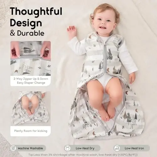 Yoofoss Baby Sleep Sack 0-6 Months 0.5 TOG Baby Wearable Blanket, 100% Organic Cotton Infant Toddler Sleeping Sack 2-Way Zipper Lightweight Sleep Sack, Grizzly - 2