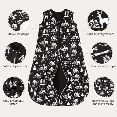 Yoofoss Baby Sleep Sack 0-6 Months 0.5 TOG Baby Wearable Blanket, 100% Organic Cotton Infant Toddler Sleeping Sack 2-Way Zipper Lightweight Sleep Sack, Black Forest - 5