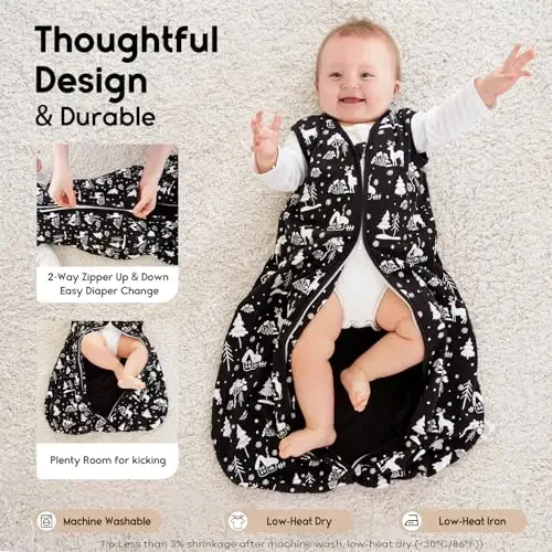 Yoofoss Baby Sleep Sack 0-6 Months 0.5 TOG Baby Wearable Blanket, 100% Organic Cotton Infant Toddler Sleeping Sack 2-Way Zipper Lightweight Sleep Sack, Black Forest - 3