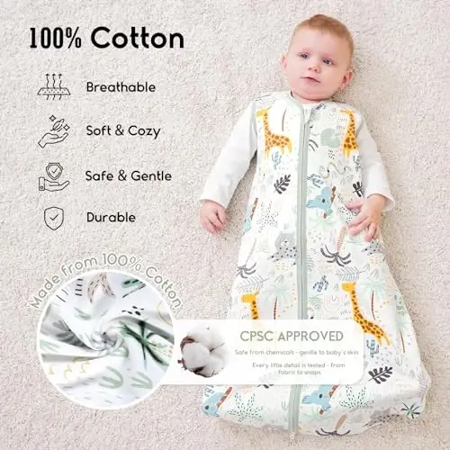 Yoofoss Baby Sleep Sack 0-6 Months 0.5 TOG Baby Wearable Blanket, 100% Organic Cotton Infant Toddler Sleeping Sack 2-Way Zipper Lightweight Sleep Sack, Giraffe - 2