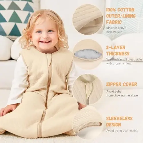 Yoofoss Baby Sleep Sack 0-6 Months TOG 2.5 Winter Baby Wearable Blanket, 100% Organic Cotton Infant Sleeping Sack 2-Way Zipper Warm Quilted Sleep Sack - 5
