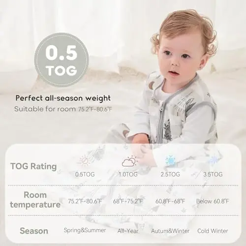 Yoofoss Baby Sleep Sack 12-18 Months 0.5 TOG Baby Wearable Blanket, 100% Organic Cotton Infant Toddler Sleeping Sack 2-Way Zipper Lightweight Sleep Sack, Grizzly - 6