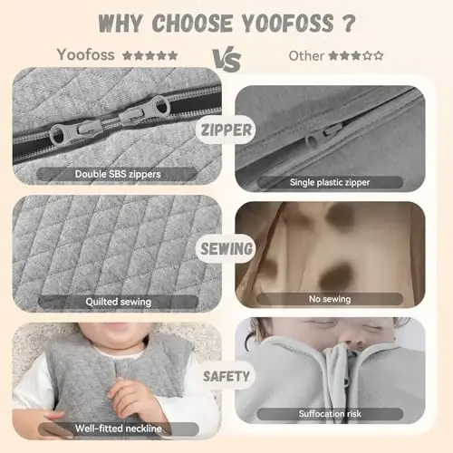 Yoofoss Baby Sleep Sack 12-18 Months TOG 2.5 Winter Baby Wearable Blanket, 100% Organic Cotton Toddler Sleeping Sack 2-Way Zipper Warm Quilted Sleep Sack - 6