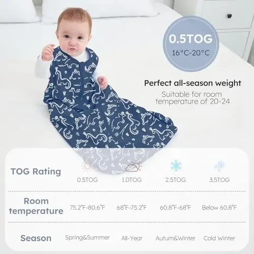 Yoofoss Baby Sleep Sack 18-24 Months 0.5 TOG Baby Wearable Blanket, 100% Organic Cotton Infant Toddler Sleeping Sack 2-Way Zipper Lightweight Sleep Sack, Grizzly - 6