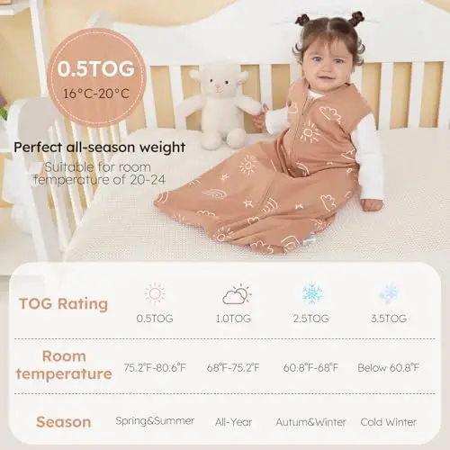 Yoofoss Baby Sleep Sack 6-12 Months 0.5 TOG Baby Wearable Blanket, 100% Organic Cotton Infant Toddler Sleeping Sack 2-Way Zipper Lightweight Sleep Sack, Grizzly - 6