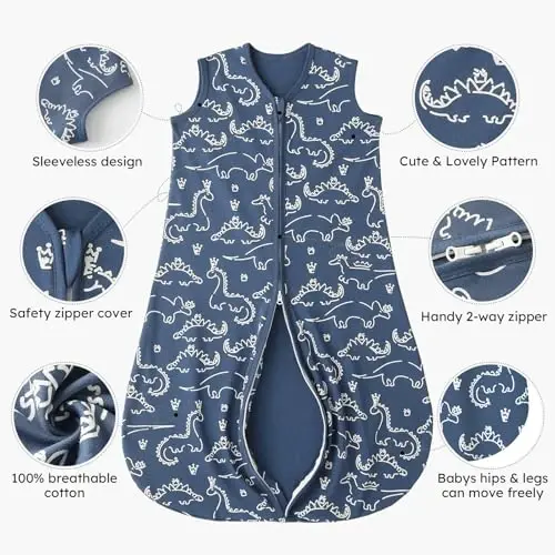 Yoofoss Baby Sleep Sack 6-12 Months 0.5 TOG Baby Wearable Blanket, 100% Organic Cotton Infant Toddler Sleeping Sack 2-Way Zipper Lightweight Sleep Sack, Grizzly - 4