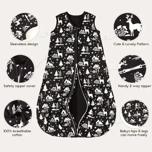 Yoofoss Chaqaloqlar uchun Uyqu Qopi 0-6 Oy 0.5 TOG Chaqaloq Kiyiladigan Ko‘rpacha, 100% Organik Paxta Go‘daklar uchun Yotoq Qopi 2 tomonlama Fermuar Yengil Uyqu Qopi, Qora O‘rmon - 5