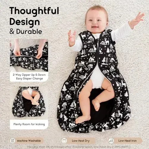 Yoofoss Baby Sleep Sack 0-6 Months 0.5 TOG Baby Wearable Blanket, 100% Organic Cotton Infant Toddler Sleeping Sack 2-Way Zipper Lightweight Sleep Sack, Black Forest - 3