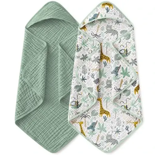 Yoofoss Hooded Baby Bath Towels 2 Pack 100% Muslin Organic Cotton with Hood | for Newborn, Babies, Infant, Toddler and Kids, 32x32 Inch, Soft and Absorbent, Baby Essential, Green Giraffe - 1