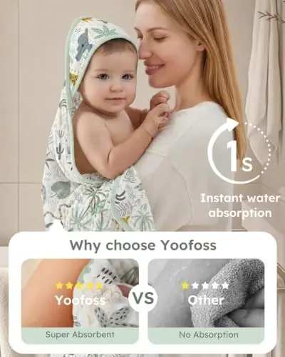 Yoofoss Hooded Baby Bath Towels 2 Pack 100% Muslin Organic Cotton with Hood | for Newborn, Babies, Infant, Toddler and Kids, 32x32 Inch, Soft and Absorbent, Baby Essential, Green Giraffe - Yoofoss (1)