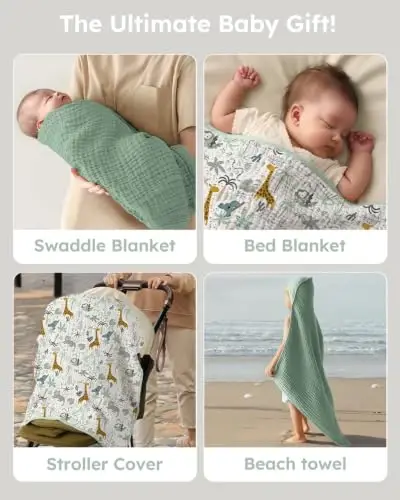 Yoofoss Hooded Baby Bath Towels 2 Pack 100% Muslin Organic Cotton with Hood | for Newborn, Babies, Infant, Toddler and Kids, 32x32 Inch, Soft and Absorbent, Baby Essential, Green Giraffe - 5