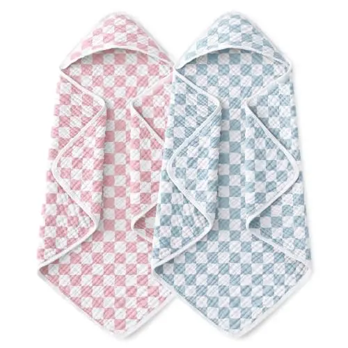 Yoofoss Hooded Baby Bath Towels 2 Pack 100% Muslin Organic Cotton with Hood | for Newborn, Babies, Infant, Toddler and Kids, 32x32 Inch, Soft and Absorbent, Baby Essential, Pink Blue Checkered - 1