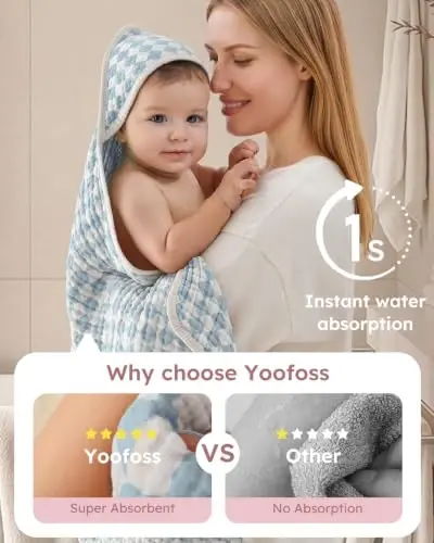 Yoofoss Hooded Baby Bath Towels 2 Pack 100% Muslin Organic Cotton with Hood | for Newborn, Babies, Infant, Toddler and Kids, 32x32 Inch, Soft and Absorbent, Baby Essential, Pink Blue Checkered - Yoofoss (1)