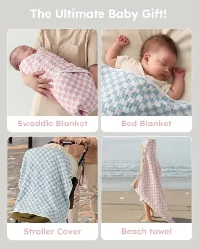 Yoofoss Hooded Baby Bath Towels 2 Pack 100% Muslin Organic Cotton with Hood | for Newborn, Babies, Infant, Toddler and Kids, 32x32 Inch, Soft and Absorbent, Baby Essential, Pink Blue Checkered - 5