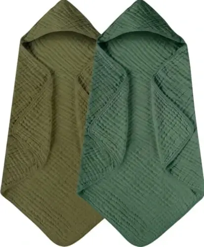 Yoofoss Hooded Baby Towels for Newborn 2 Pack 100% Muslin Organic Cotton Baby Bath Towel with Hood for Babies, Infant, Toddler and Kids, 32x32Inch, Soft and Absorbent Newborn Essential - YOOFOSS