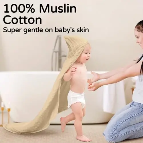 Yoofoss Hooded Baby Towels for Newborn 2 Pack 100% Muslin Organic Cotton Baby Bath Towel with Hood for Babies, Infant, Toddler and Kids, 32x32Inch, Soft and Absorbent Newborn Essential, Beige Floral - YOOFOSS (1)