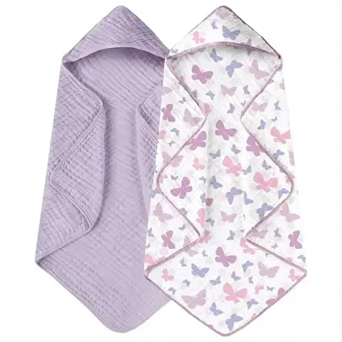 Yoofoss Hooded Baby Towels for Newborn 2 Pack 100% Muslin Organic Cotton Baby Bath Towel with Hood for Babies, Infant, Toddler and Kids, 32x32Inch, Soft and Absorbent Newborn Essential, Butterfly - 1