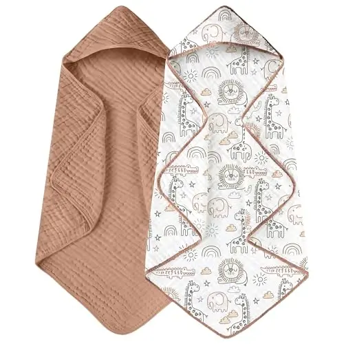 Yoofoss Hooded Baby Towels for Newborn 2 Pack 100% Muslin Organic Cotton Baby Bath Towel with Hood for Babies, Infant, Toddler and Kids, 32x32Inch, Soft and Absorbent Newborn Essential, Giraffe - 1