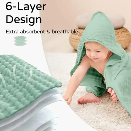 Yoofoss Hooded Baby Towels for Newborn 2 Pack 100% Muslin Organic Cotton Baby Bath Towel with Hood for Babies, Infant, Toddler and Kids, 32x32Inch, Soft and Absorbent Newborn Essential, Gradient Green - 3