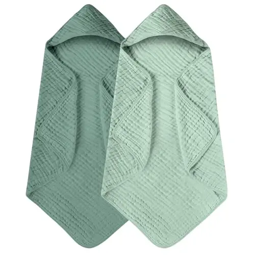 Yoofoss Hooded Baby Towels for Newborn 2 Pack 100% Muslin Organic Cotton Baby Bath Towel with Hood for Babies, Infant, Toddler and Kids, 32x32Inch, Soft and Absorbent Newborn Essential, Gradient Green - 1