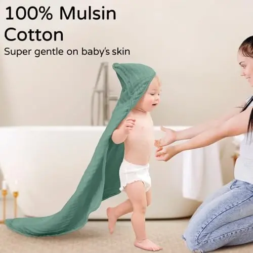 Yoofoss Hooded Baby Towels for Newborn 2 Pack 100% Muslin Organic Cotton Baby Bath Towel with Hood for Babies, Infant, Toddler and Kids, 32x32Inch, Soft and Absorbent Newborn Essential, Gradient Green - YOOFOSS (1)