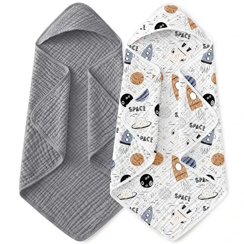 Yoofoss Hooded Baby Towels for Newborn 2 Pack 100% Muslin Organic Cotton Baby Bath Towel with Hood for Babies, Infant, Toddler and Kids, 32x32Inch, Soft and Absorbent Newborn Essential, Grey Planet - YOOFOSS