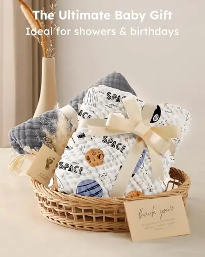 Yoofoss Hooded Baby Towels for Newborn 2 Pack 100% Muslin Organic Cotton Baby Bath Towel with Hood for Babies, Infant, Toddler and Kids, 32x32Inch, Soft and Absorbent Newborn Essential, Grey Planet - 5