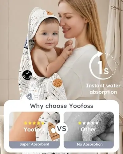 Yoofoss Hooded Baby Towels for Newborn 2 Pack 100% Muslin Organic Cotton Baby Bath Towel with Hood for Babies, Infant, Toddler and Kids, 32x32Inch, Soft and Absorbent Newborn Essential, Grey Planet - 3